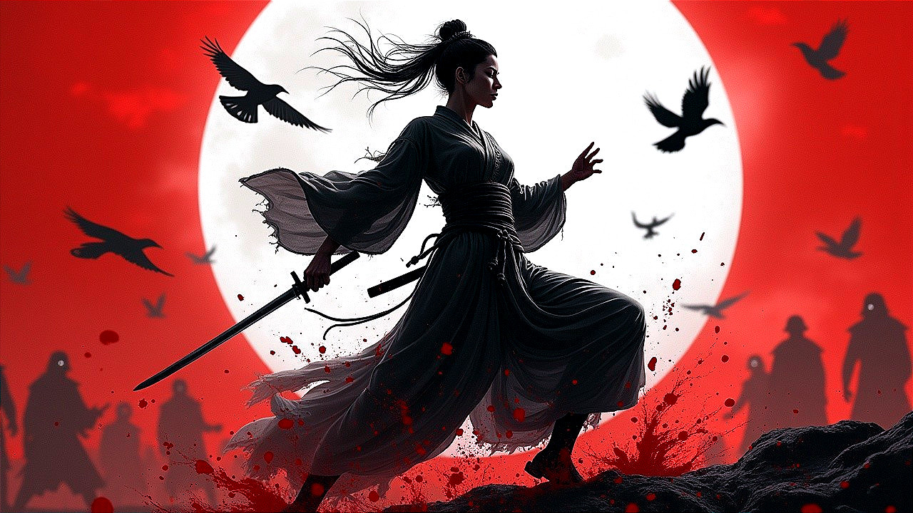 Samurai Figure with Sword Under Glowing Red Moon