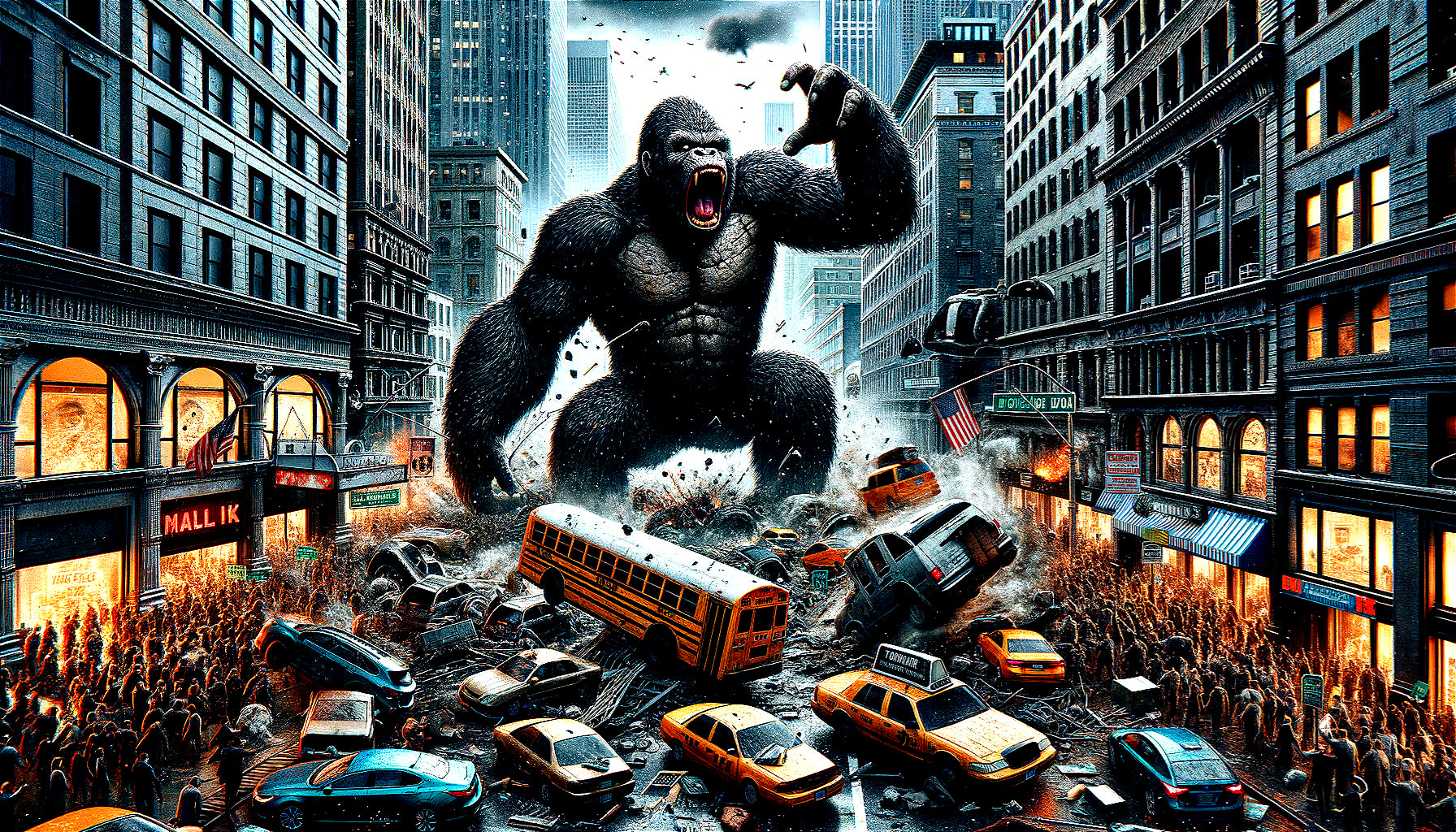 Giant Gorilla Causes Chaos in Urban Street Scene