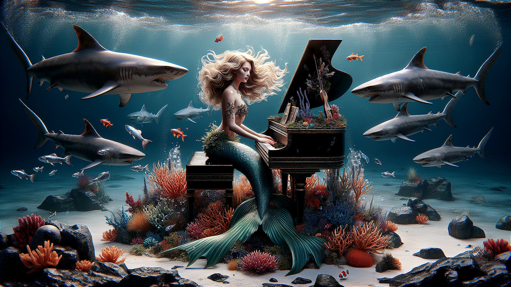 Mermaid Playing Piano Underwater with Coral and Fish