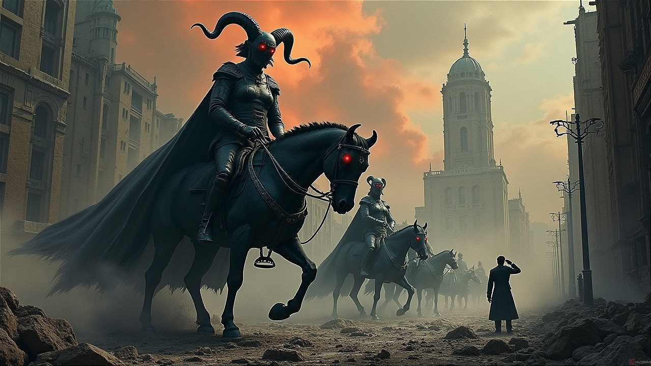 Four Horned Figures on Black Horses in Urban Ruins