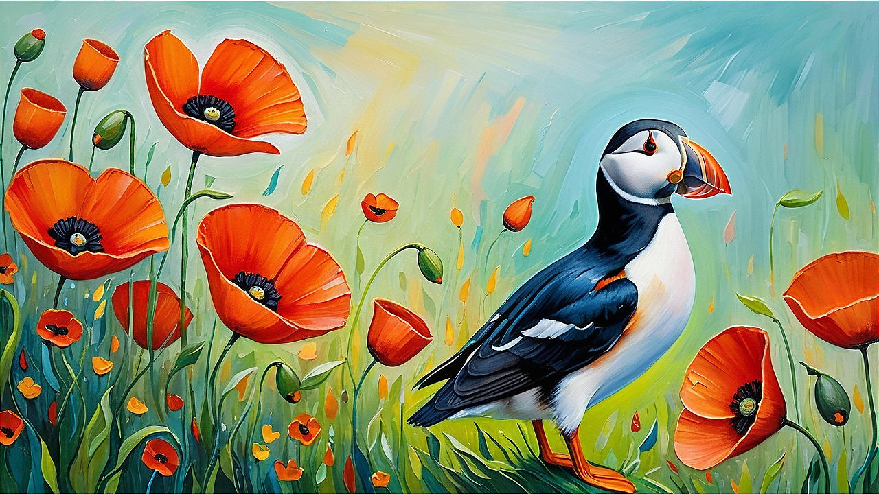 Puffin Surrounded by Red Poppies in Colorful Painting