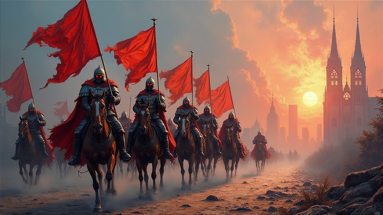 Armored Knights Riding Through Misty Landscape at Sunset