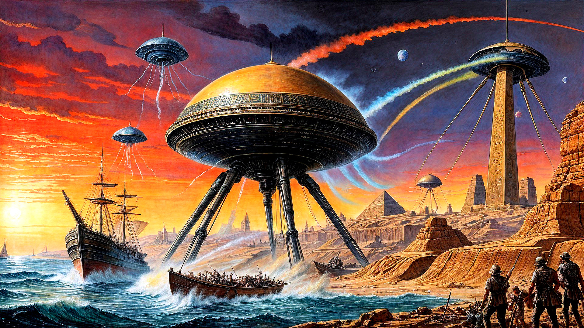 Retro-Futuristic Landscape with UFOs and Pyramids