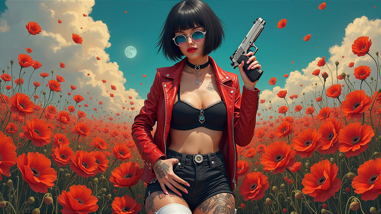 Confident Woman in Poppies with Gun and Tattoos