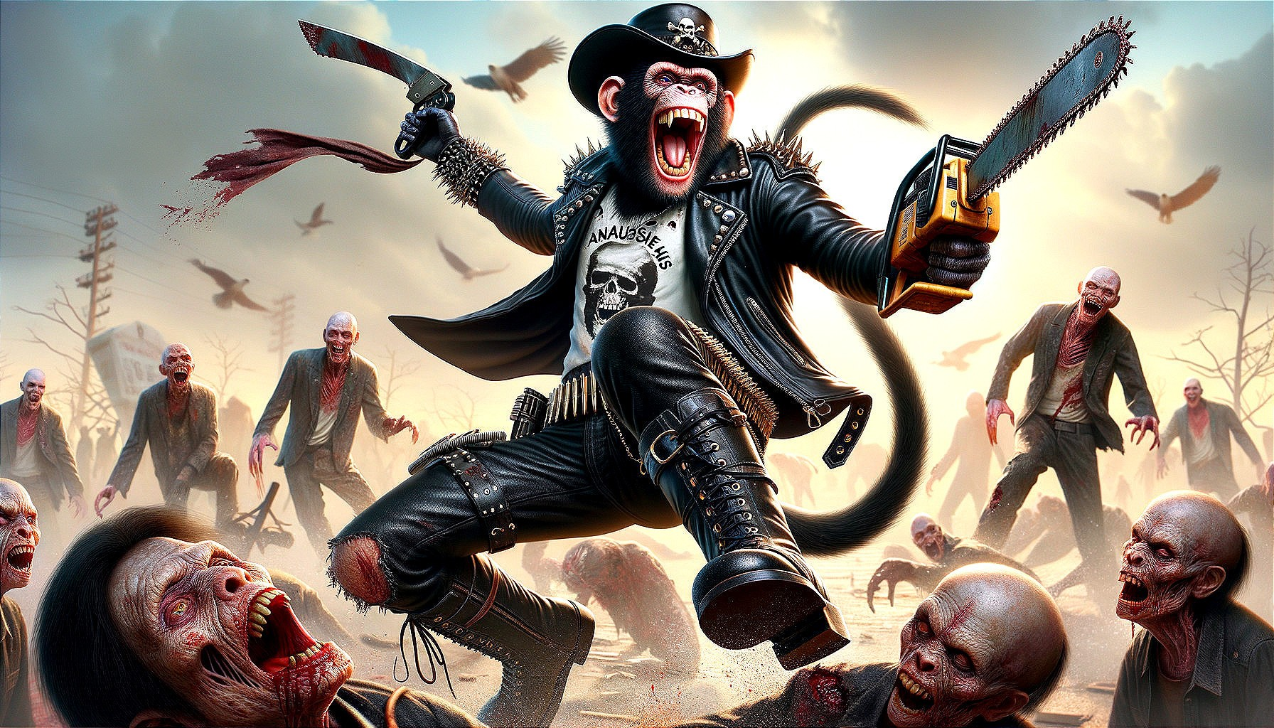 Monkey in Leather Jacket Battles Zombies with Chainsaw