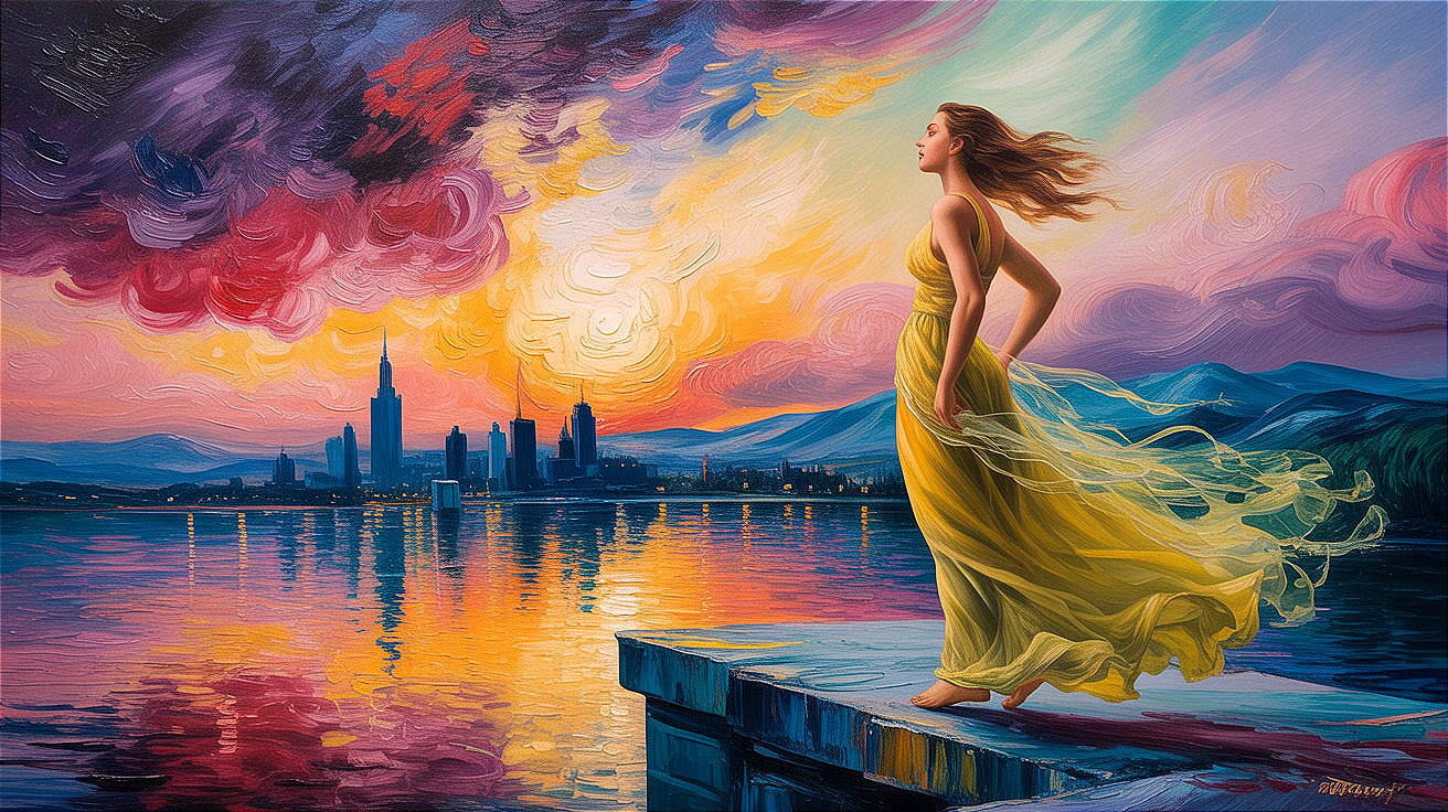 Woman in Yellow Dress by Lake at Sunset with Skyline