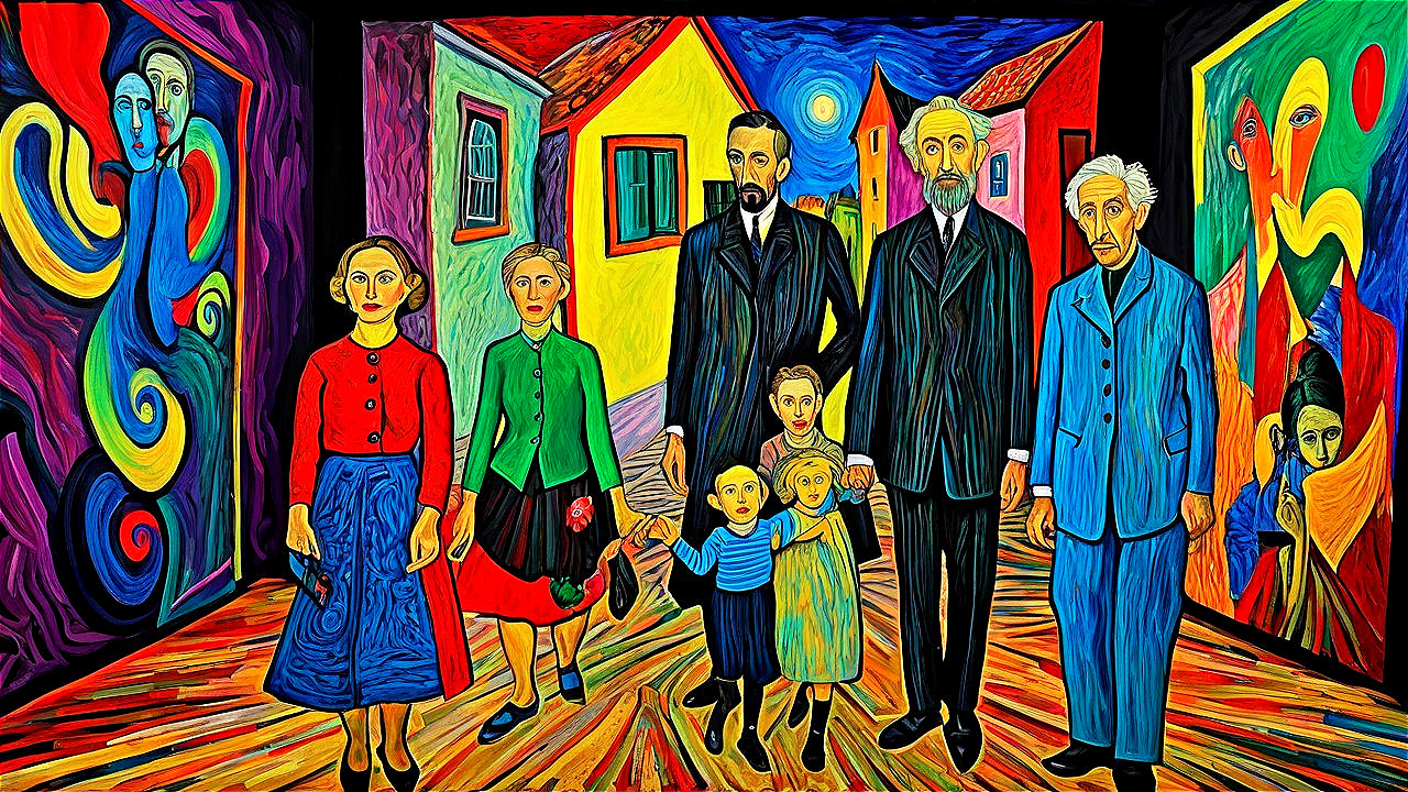 Vibrant Painting of Figures in Colorful Street Scene