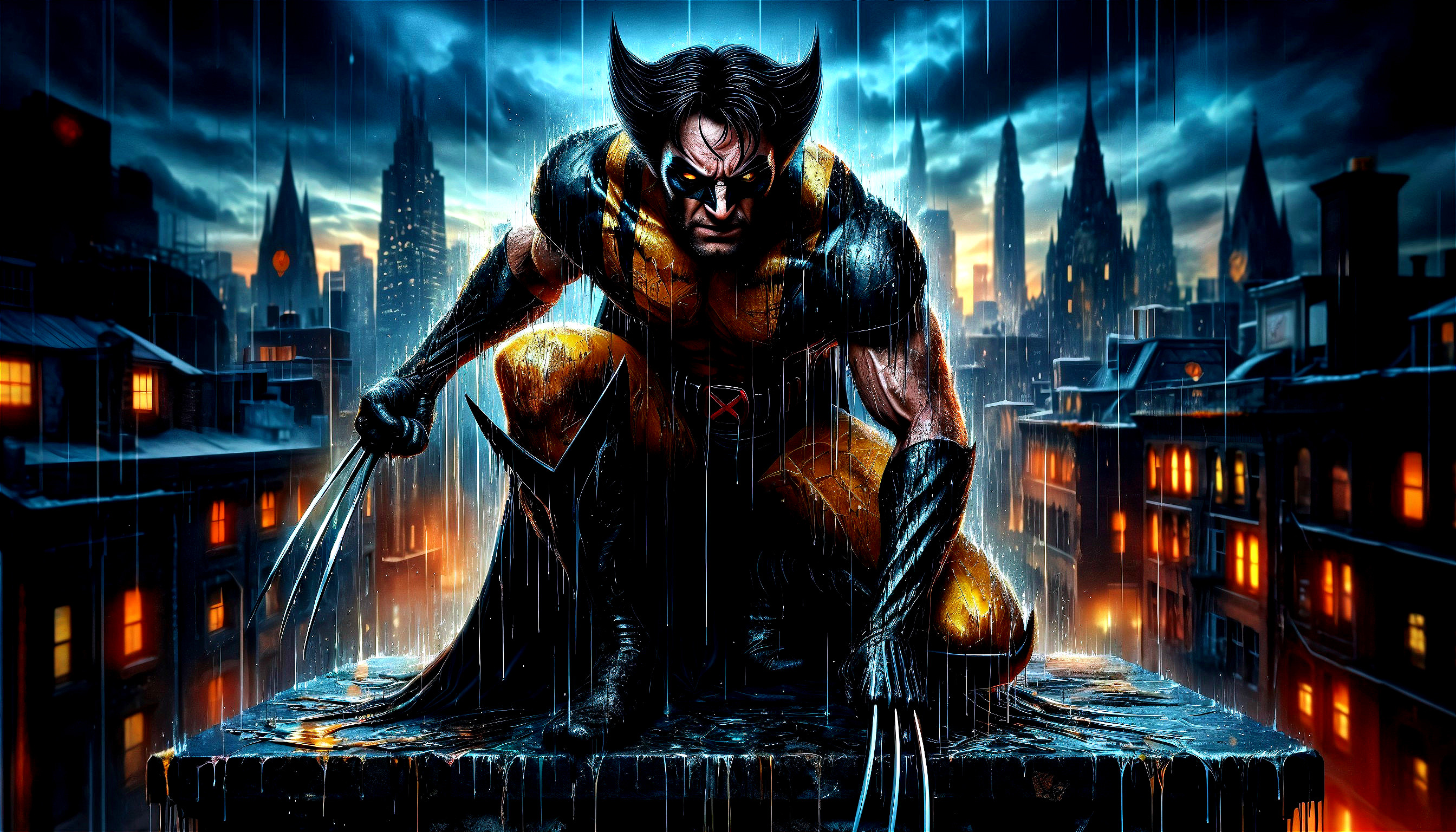 Superhero in Yellow and Black Suit on Rooftop