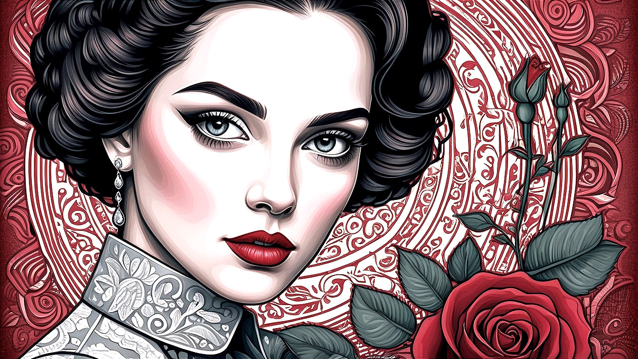 Elegant Woman with Curly Hair and Vintage Outfit