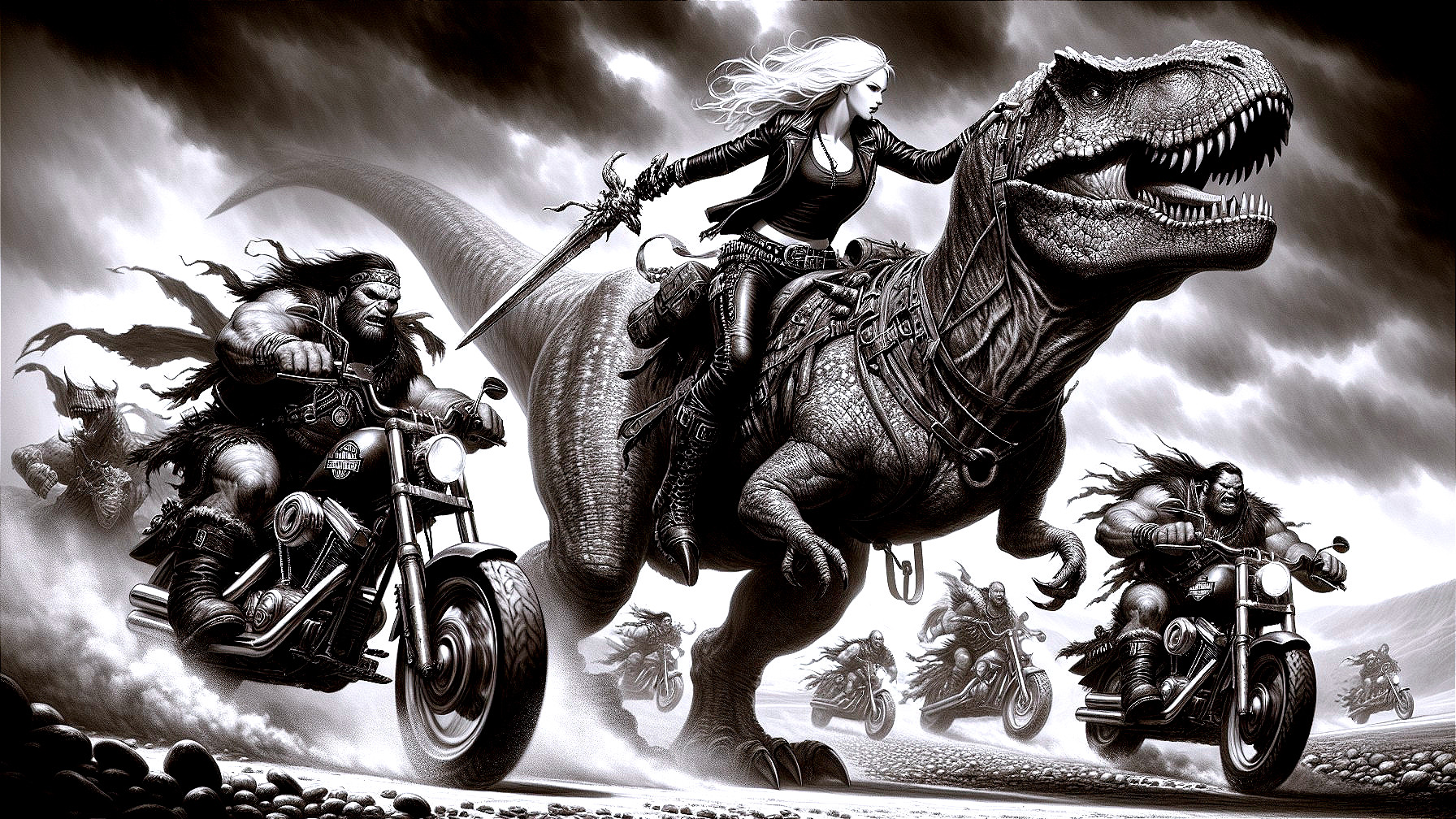 Monochrome Scene of Warrior on T-Rex with Bikers