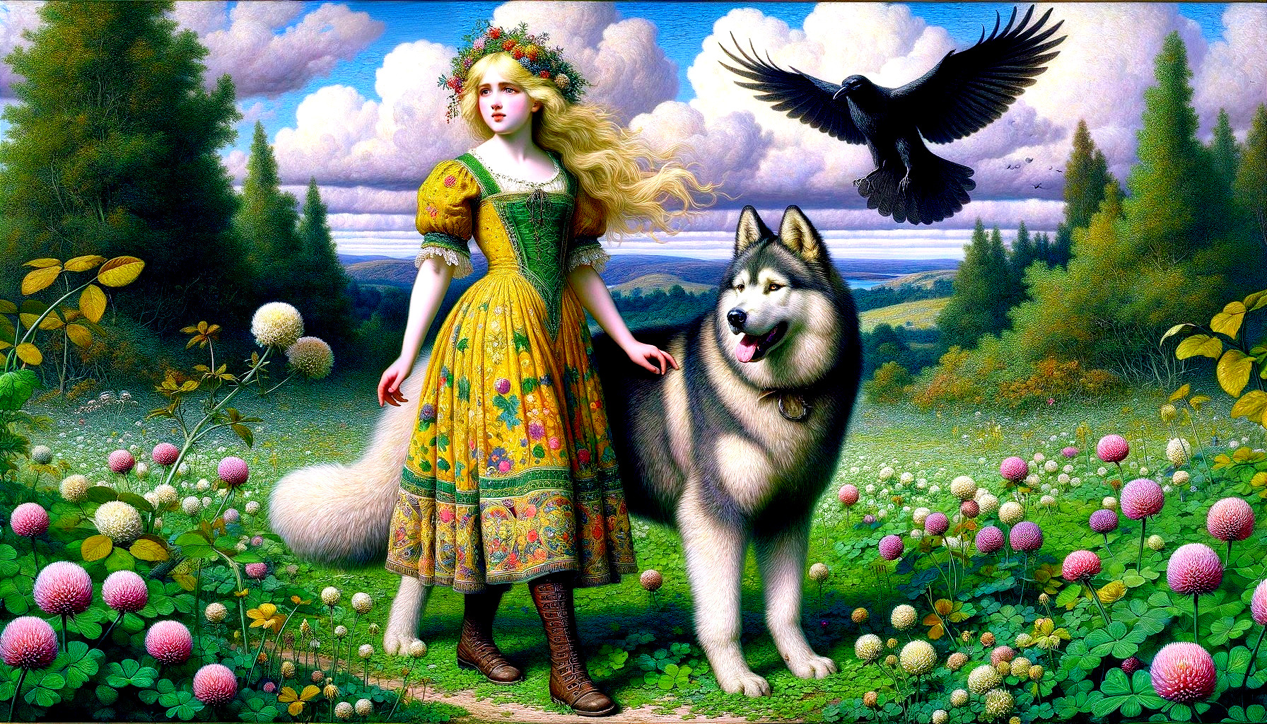 Young Woman in Floral Crown in Vibrant Meadow Scene