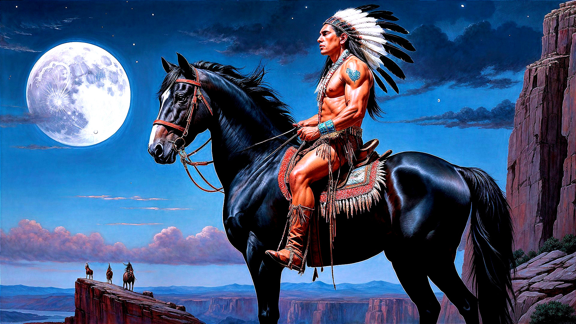 Native American Warrior on Black Horse Under Moonlight