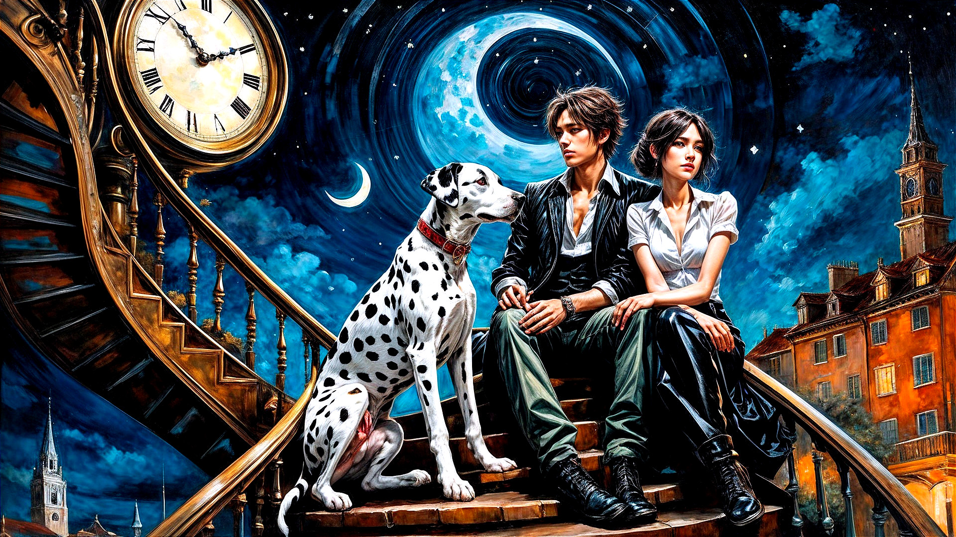 Young Couple and Dalmatian on Ornate Staircase at Night