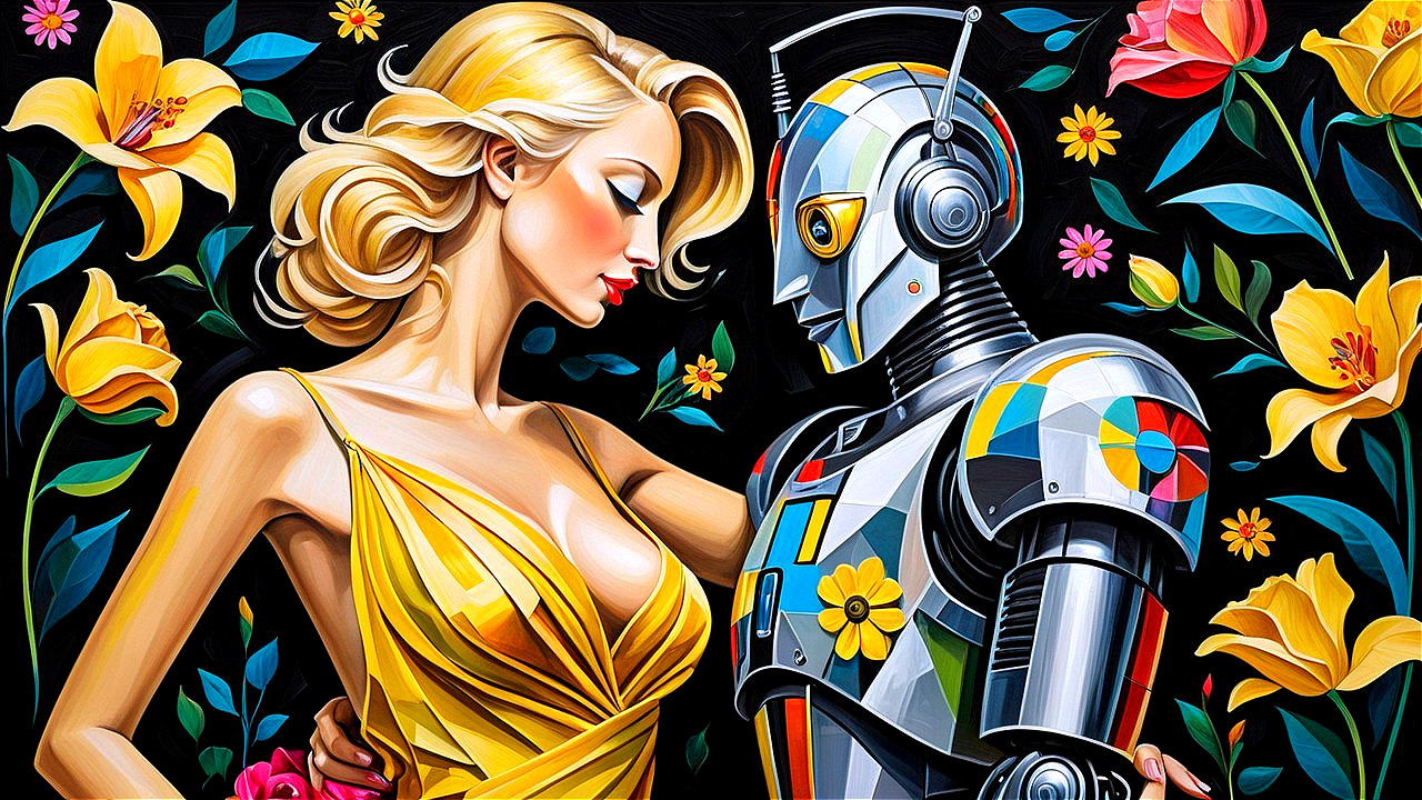 Beautiful woman in yellow dress with colorful robot