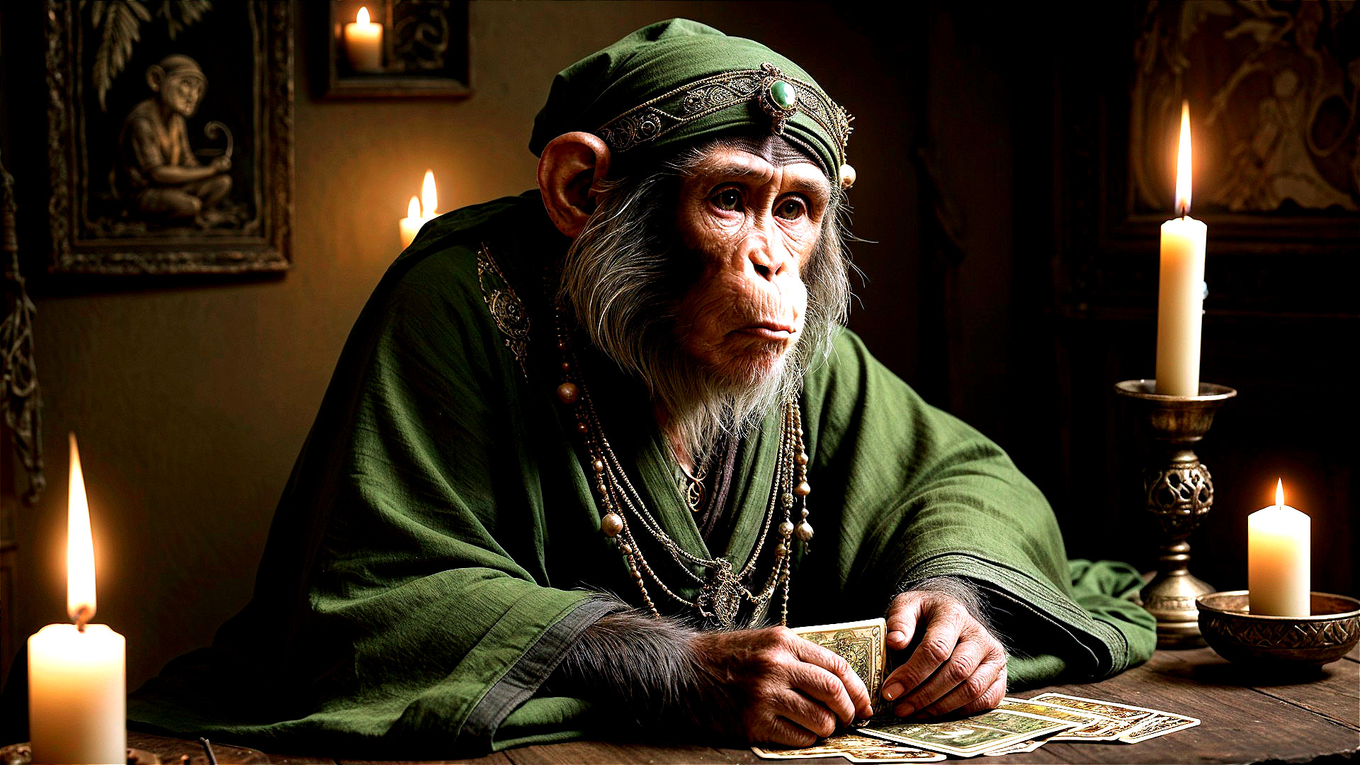 Monkey in Green Robe Examining Tarot Cards at Table