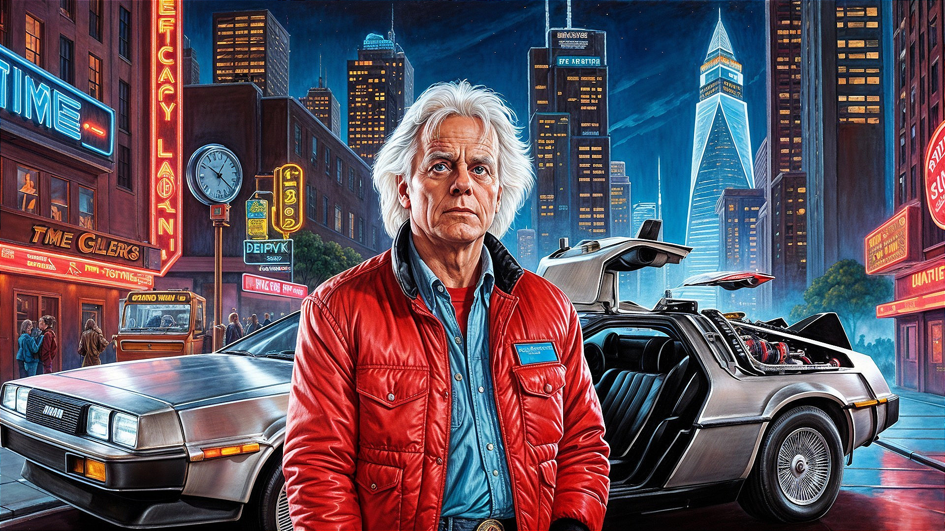 Futuristic cityscape with a man and a DeLorean car