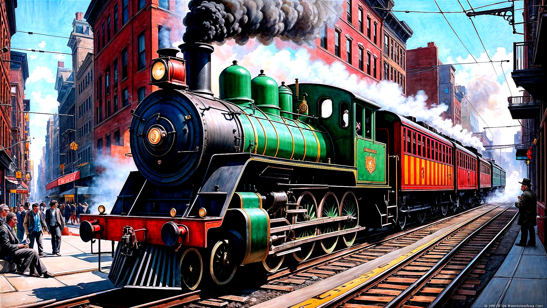 Historic steam locomotive in vibrant city setting