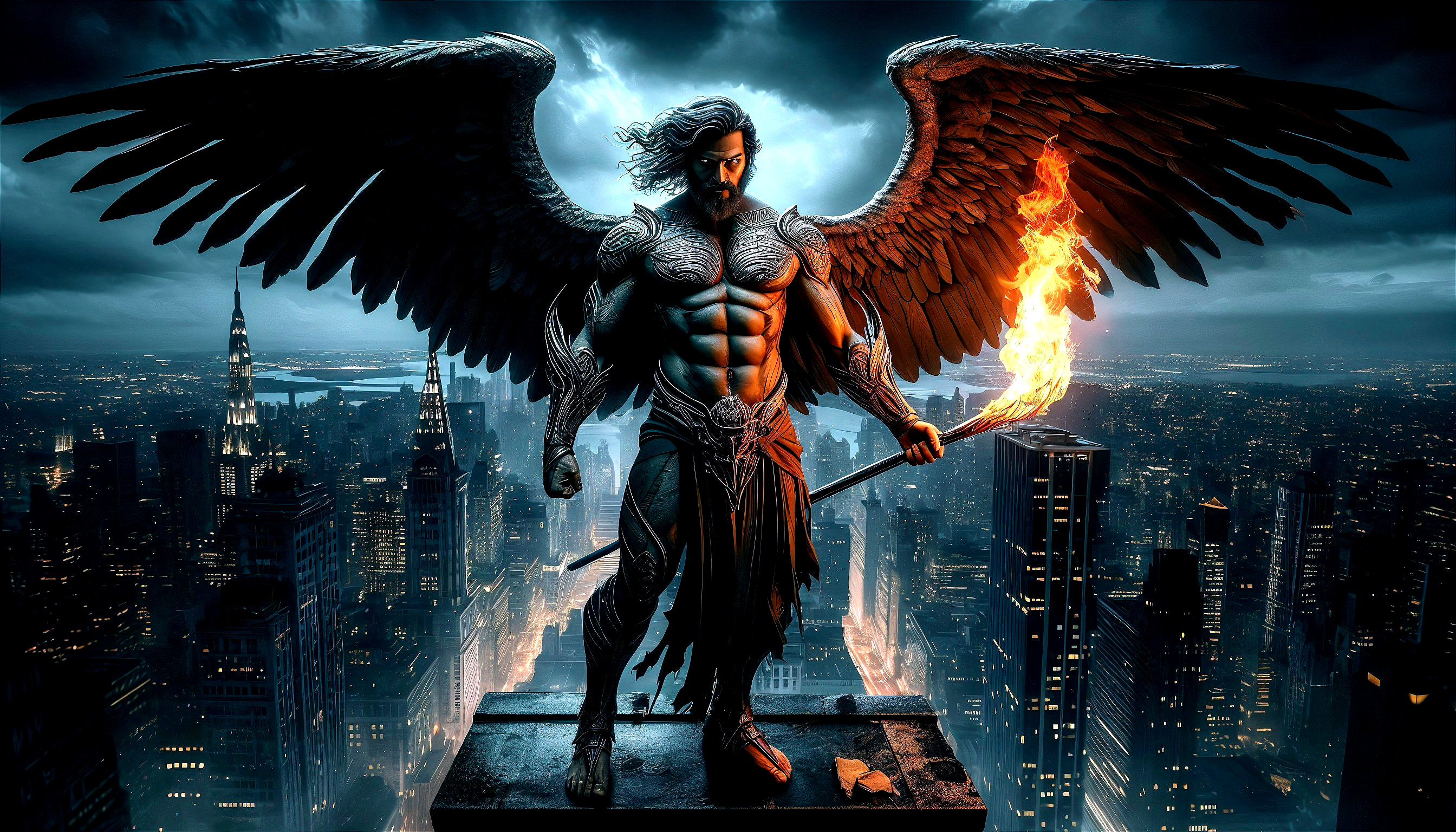 Muscular figure with black wings atop skyscraper