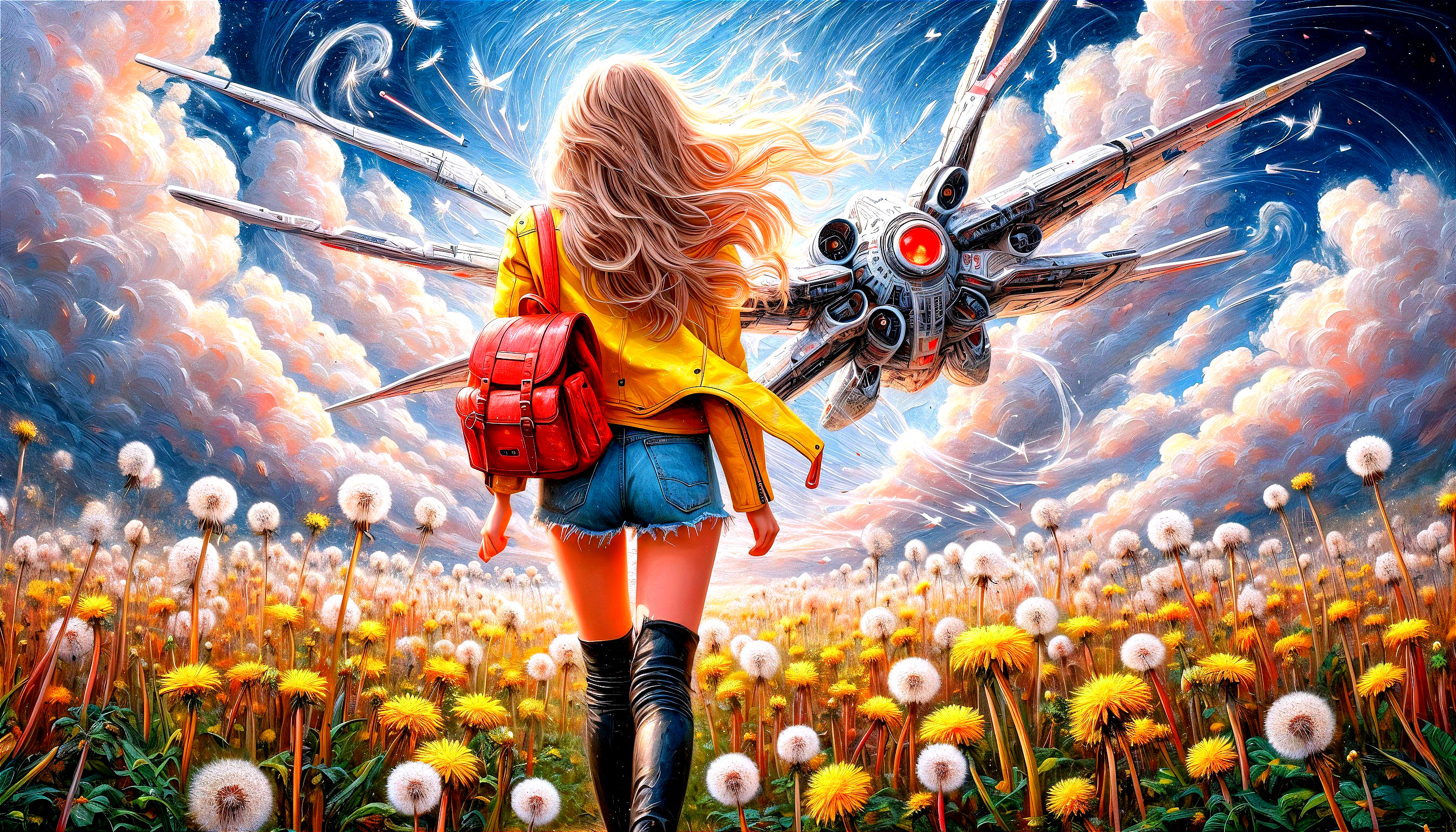 Young woman in yellow jacket among dandelions and spacecraft