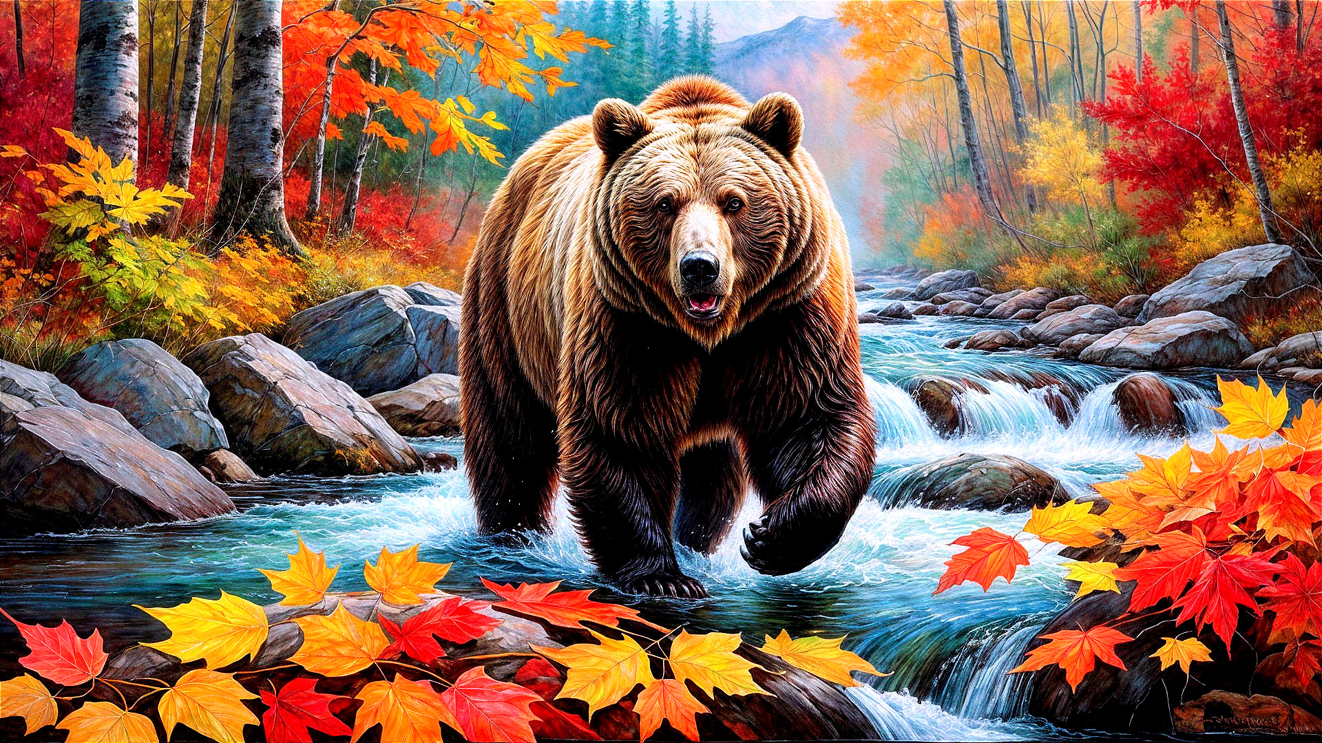 Brown bear in autumn river with colorful leaves