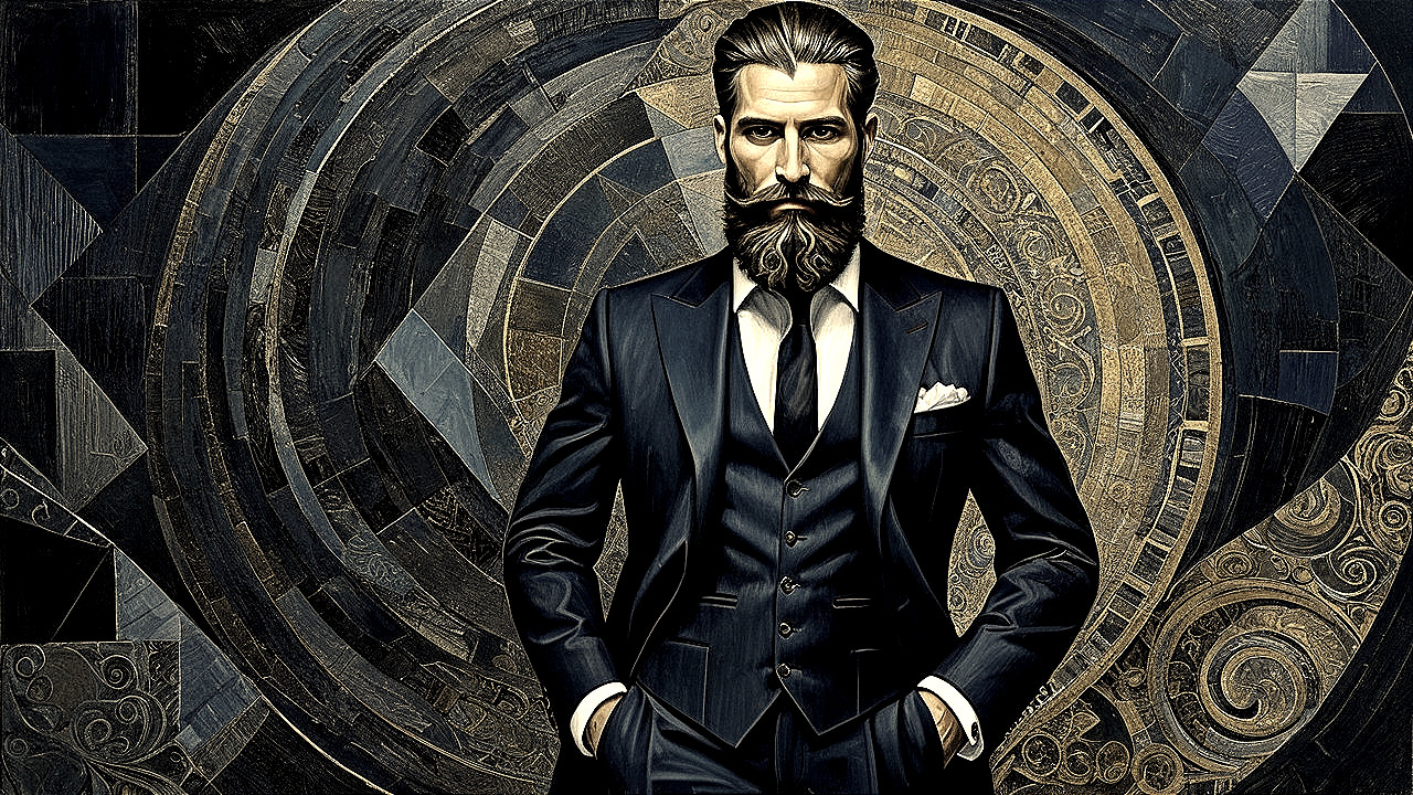 Stylish man in tailored navy suit with geometric backdrop