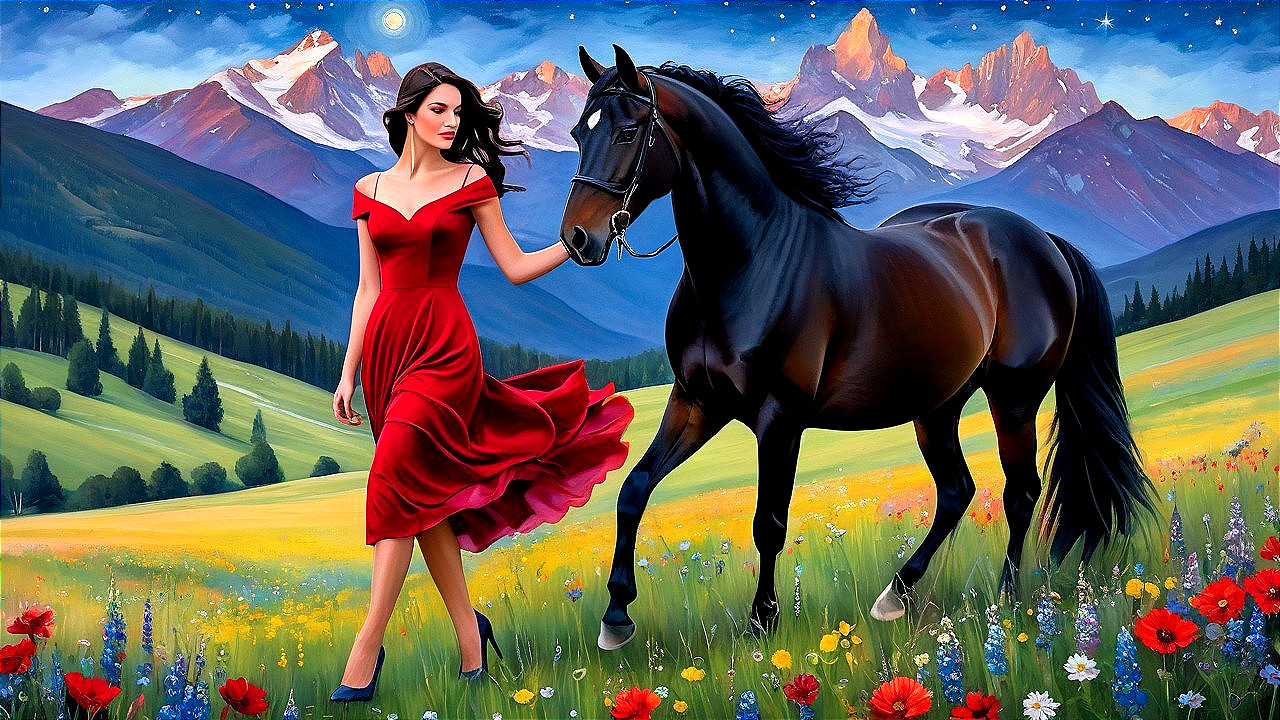 Woman in Red Dress with Black Horse in Meadow