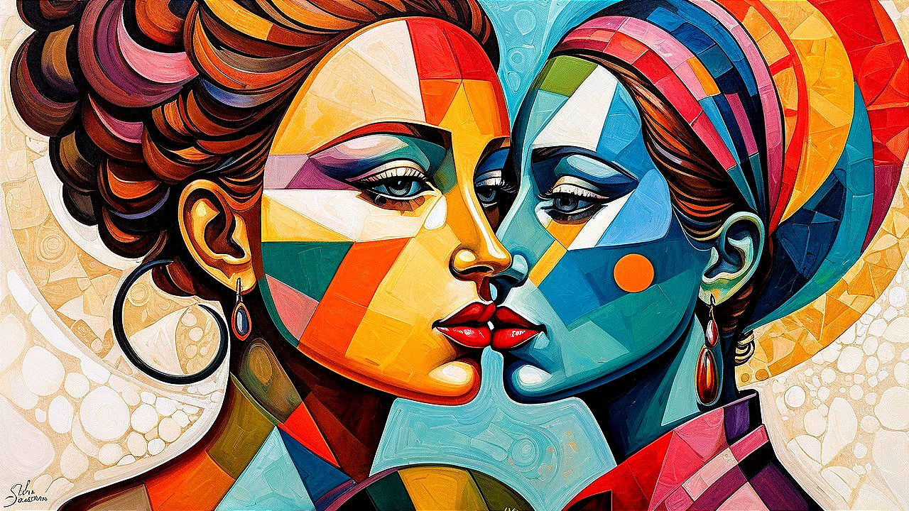 Abstract Art of Two Women in Bold Colors and Shapes