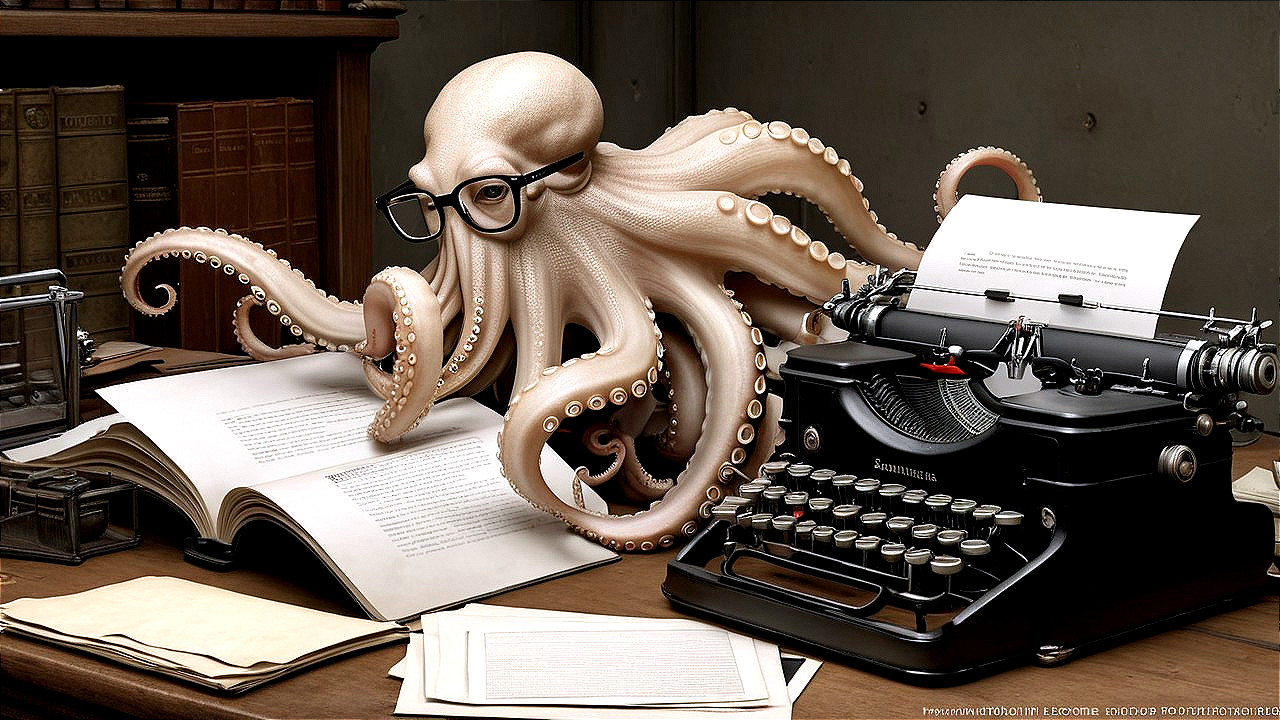 Octopus at Typewriter in Scholarly Setting