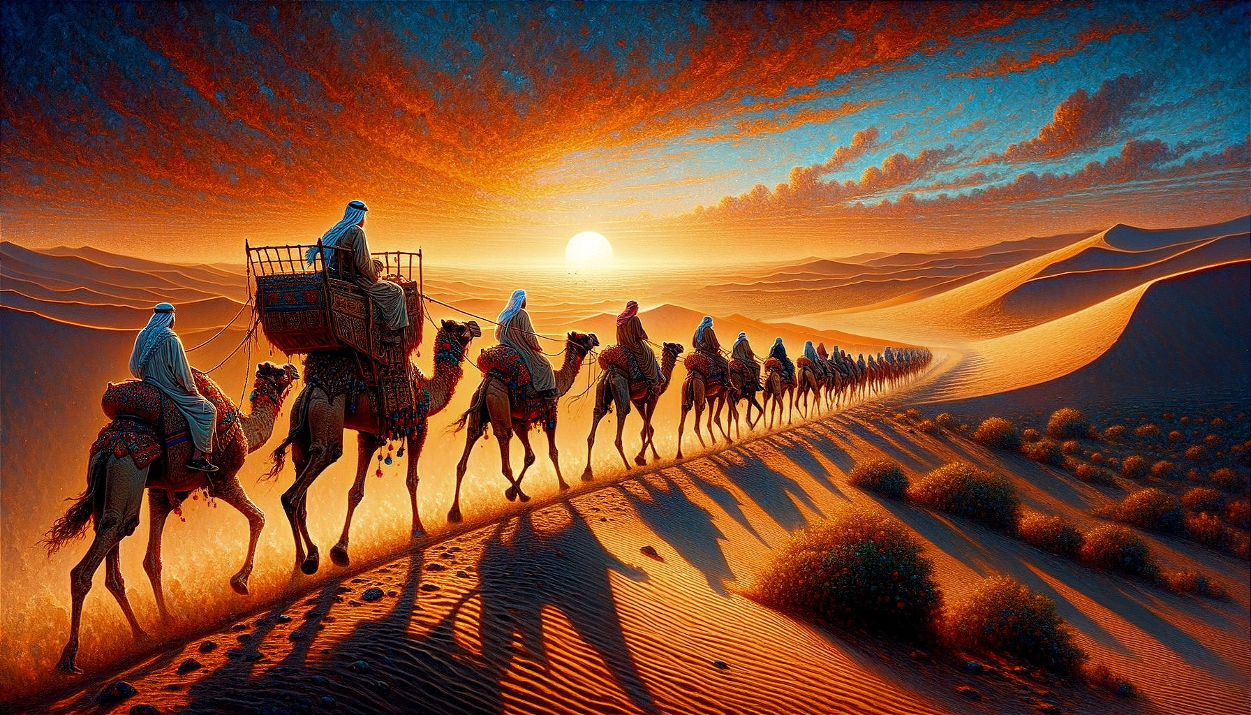 Desert Sunset with Caravan on Sand Dunes