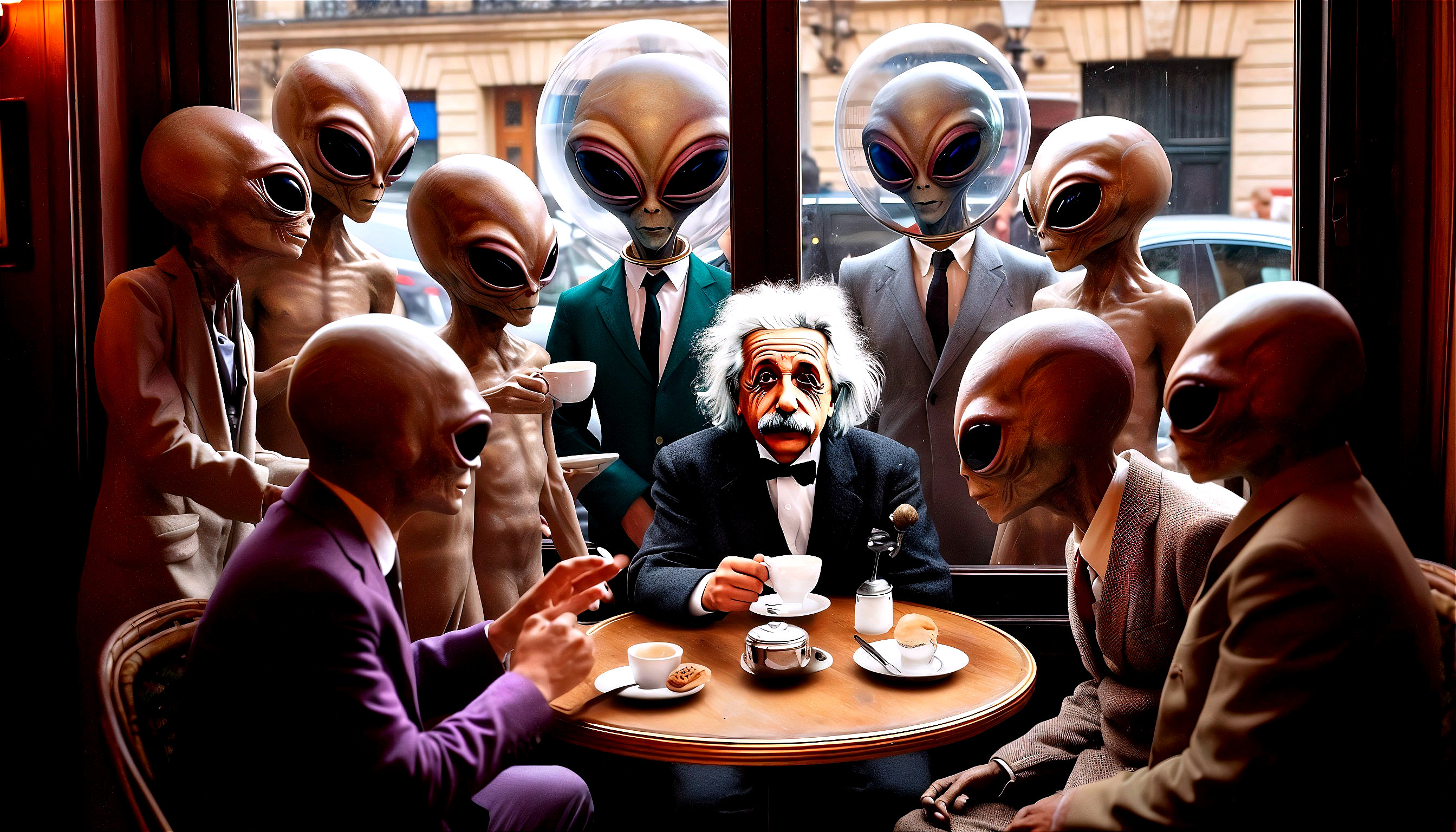 Aliens and a Figure Resembling Einstein in Café Setting