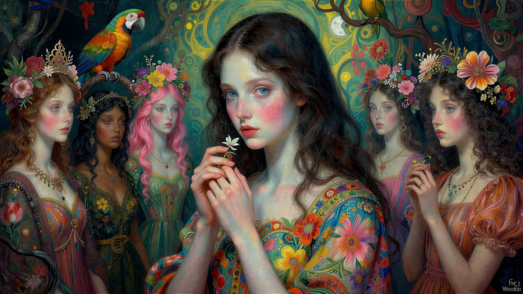 Women in Ornate Forest with Floral Attire and Crowns