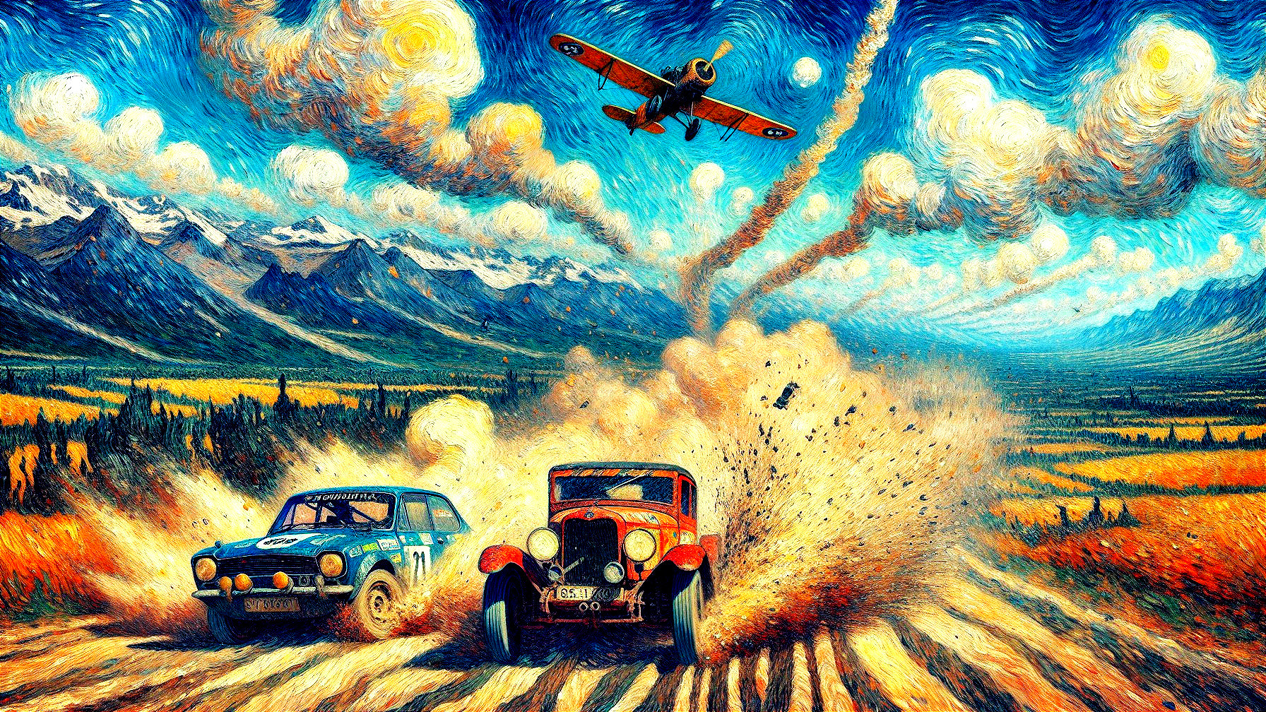 Impressionistic Landscape with Racing Cars and Airplane