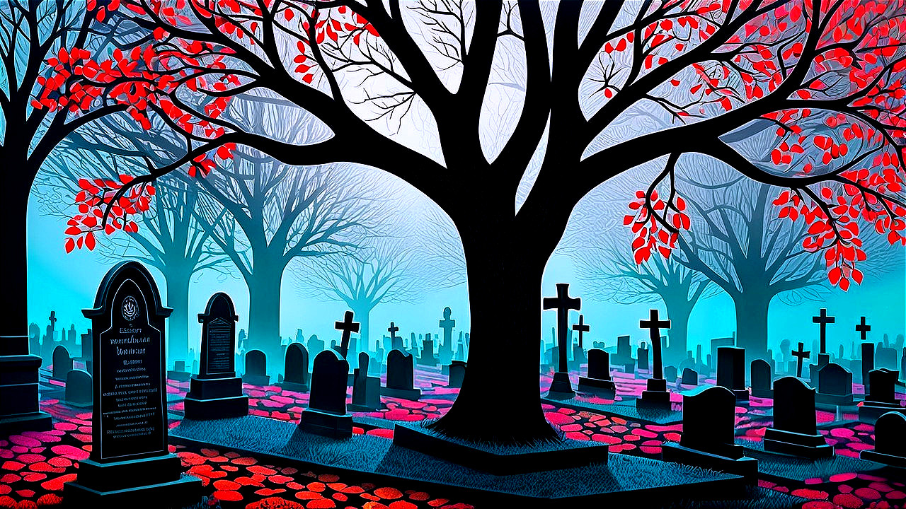 Cemetery Scene with Gnarled Tree and Red Foliage
