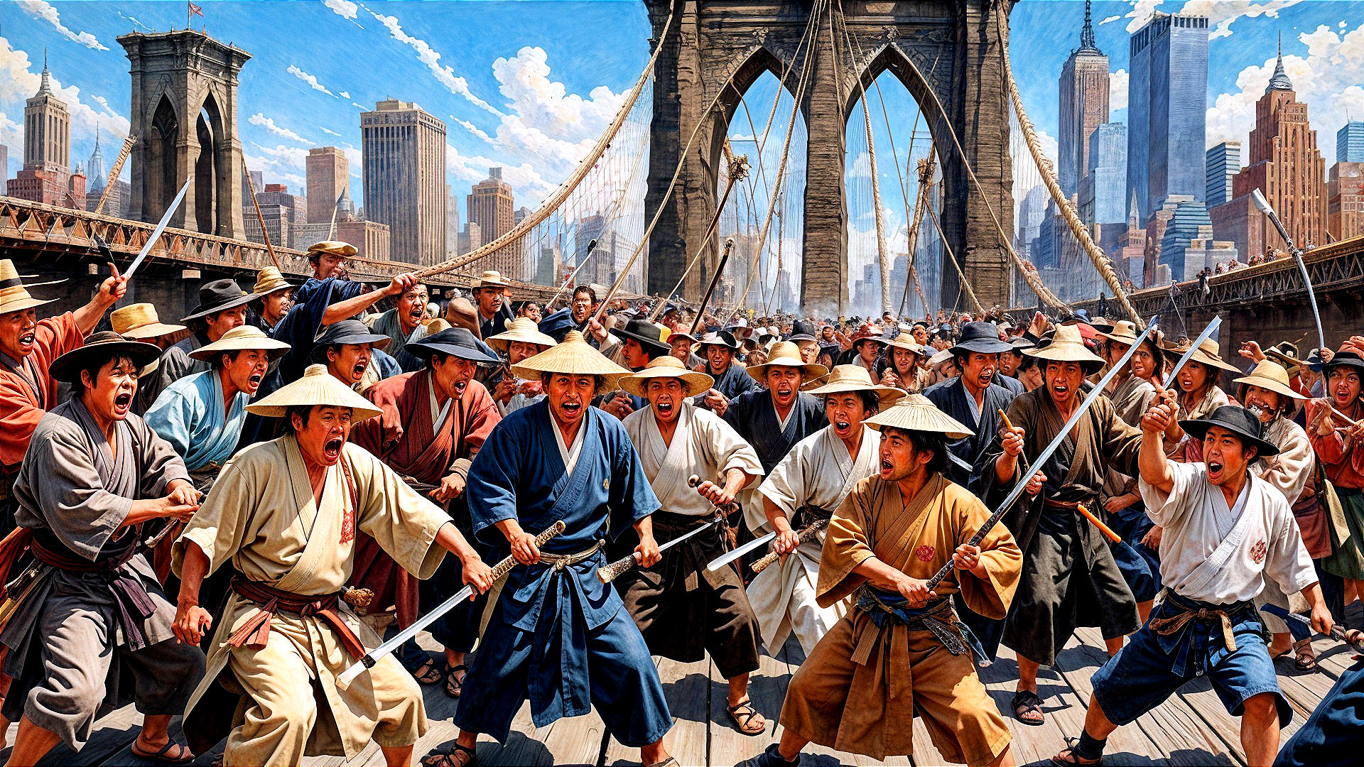 Warriors in Traditional Attire on Brooklyn Bridge