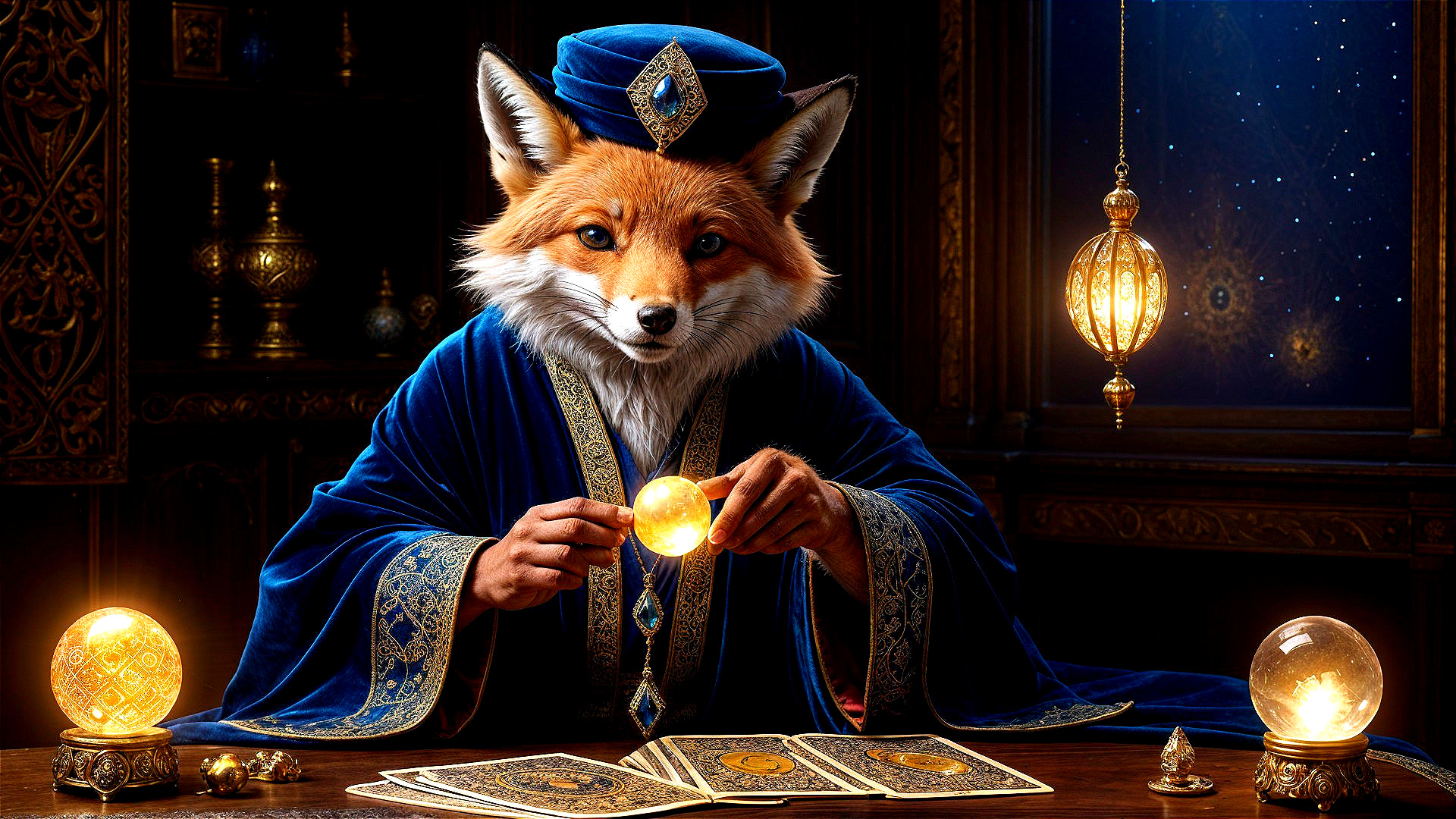 Regal Fox in Blue Robe Surrounded by Tarot Cards