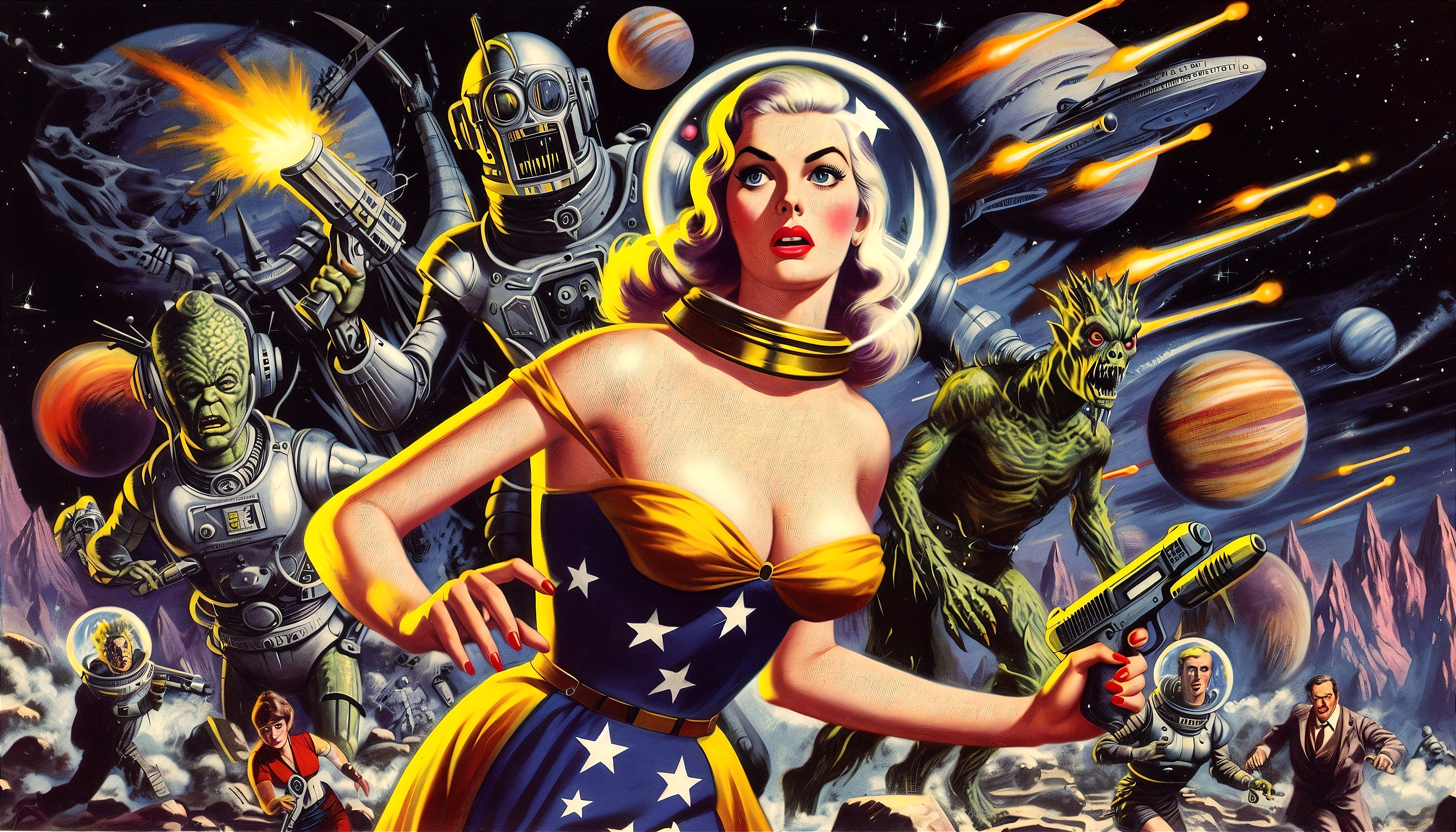 Retro Sci-Fi Scene with Glamorous Woman and Aliens