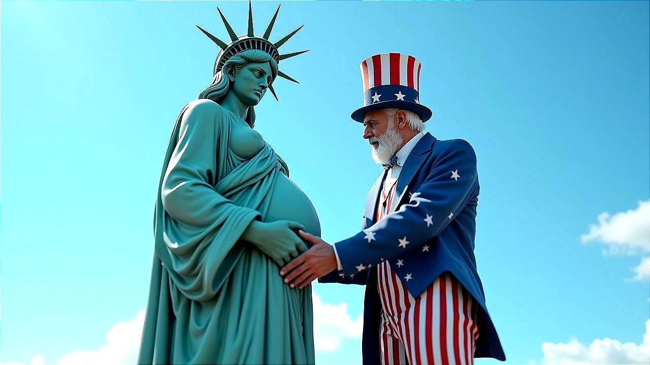 Pregnant Statue of Liberty with Patriotic Figure Nearby