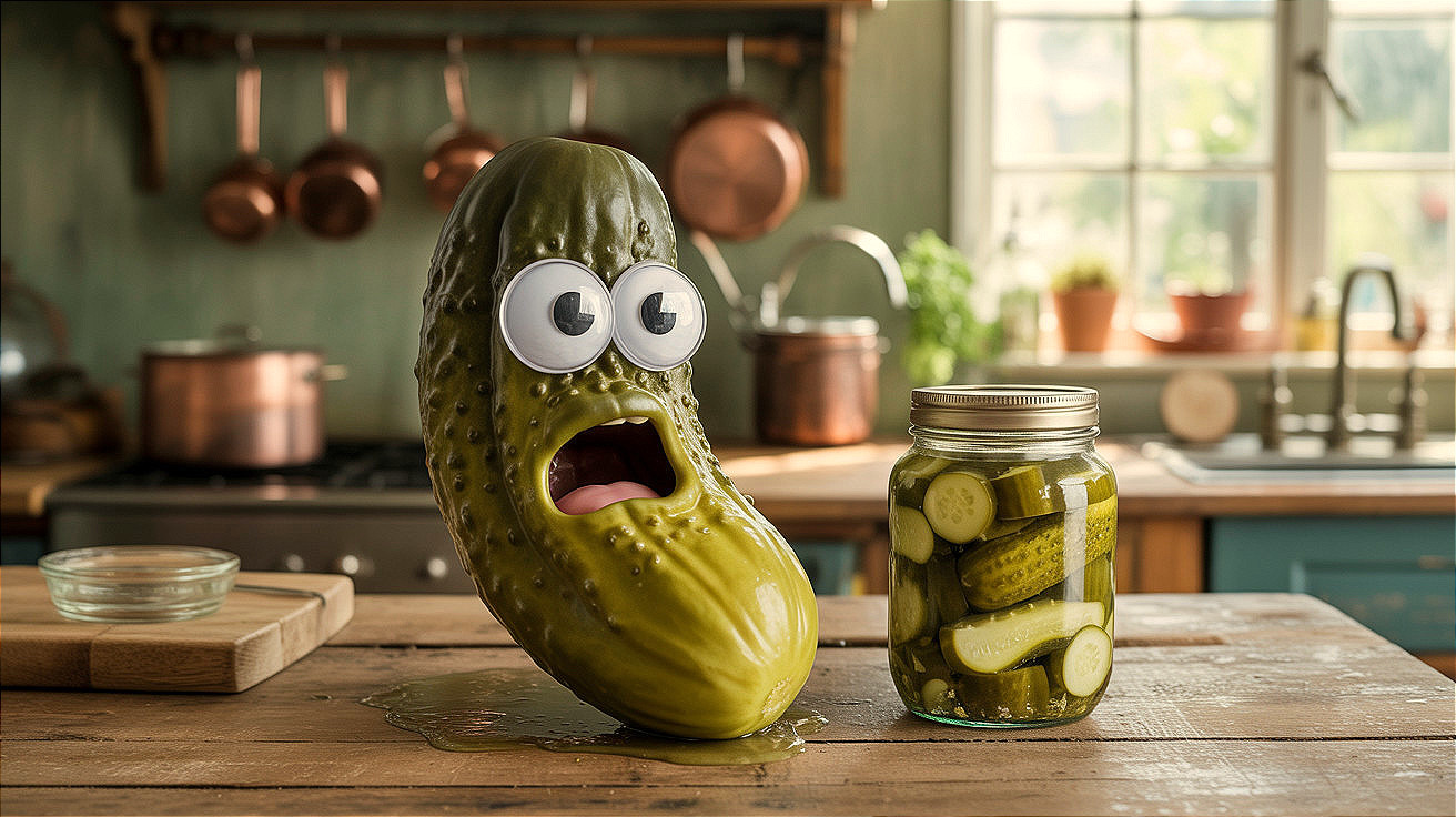 Large Pickle with Googly Eyes in Cozy Kitchen Scene