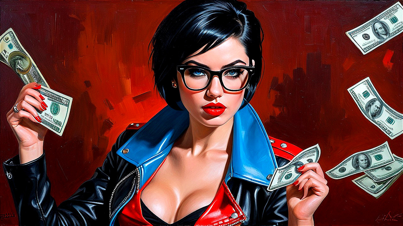 Confident Woman with Dollar Bills Against Red Background