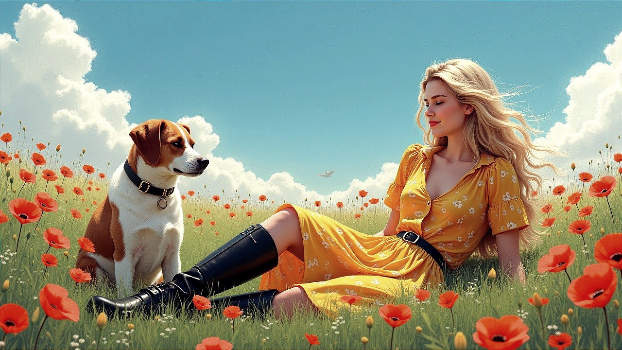 Young woman in yellow dress with dog in poppy field