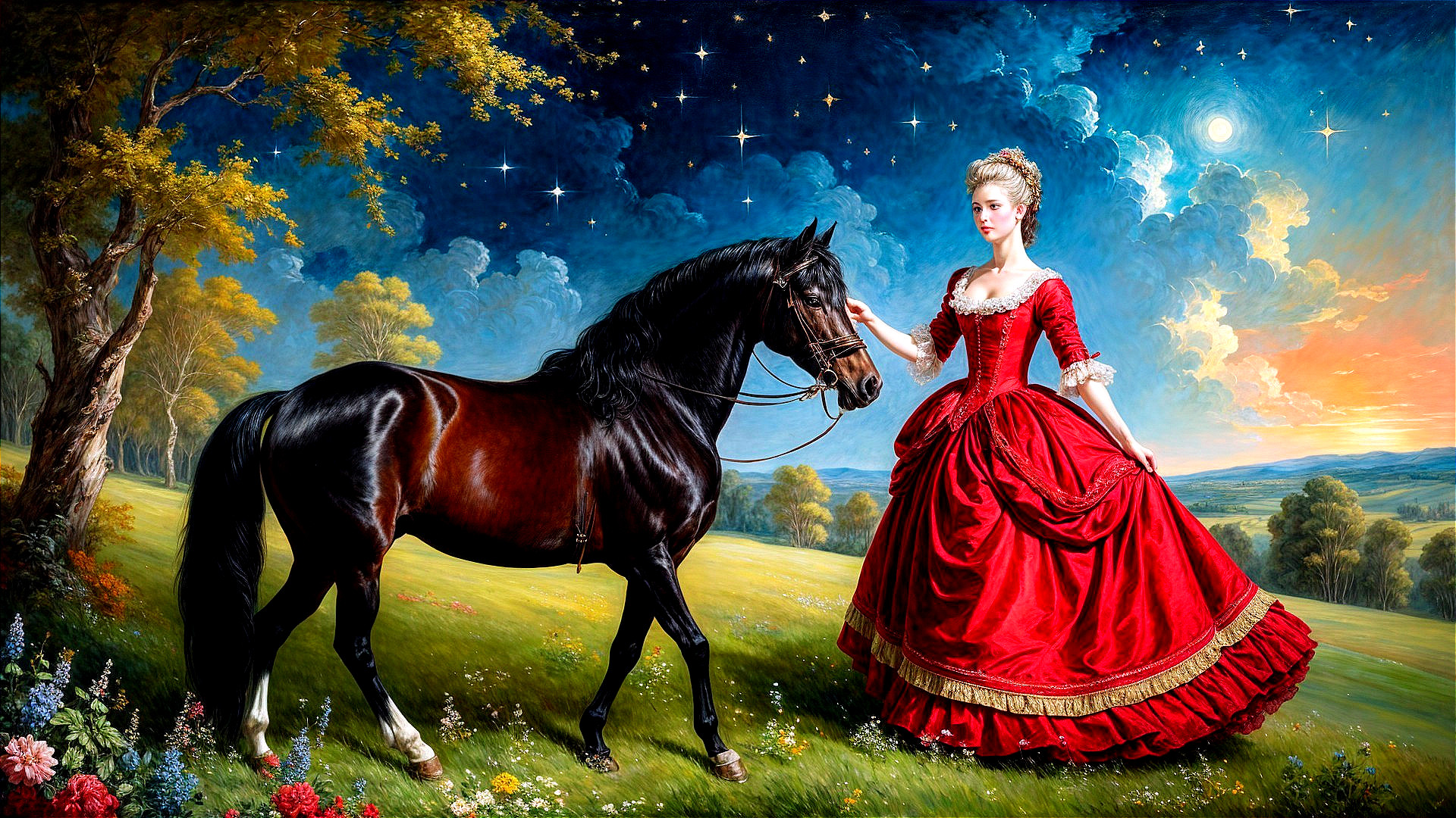 Regal woman in red gown beside black horse in nature