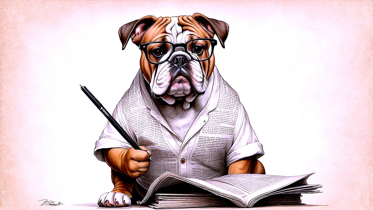 Bulldog in Glasses and Shirt with Newspaper and Pen