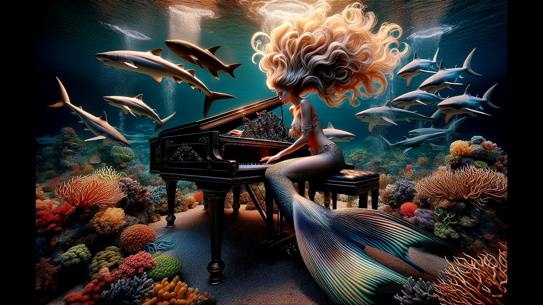 Underwater Scene with Mermaid and Grand Piano