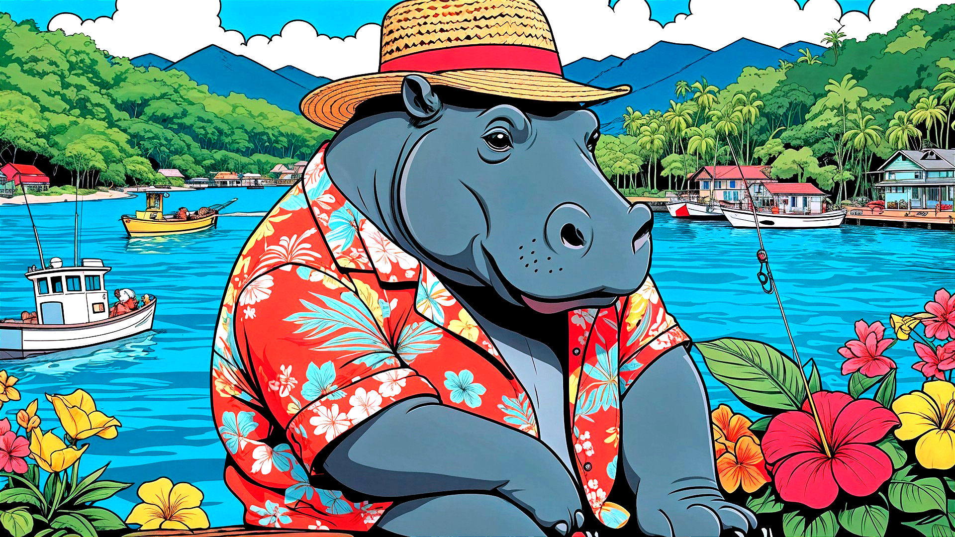 Cartoon Scene of a Relaxed Hippo by a River