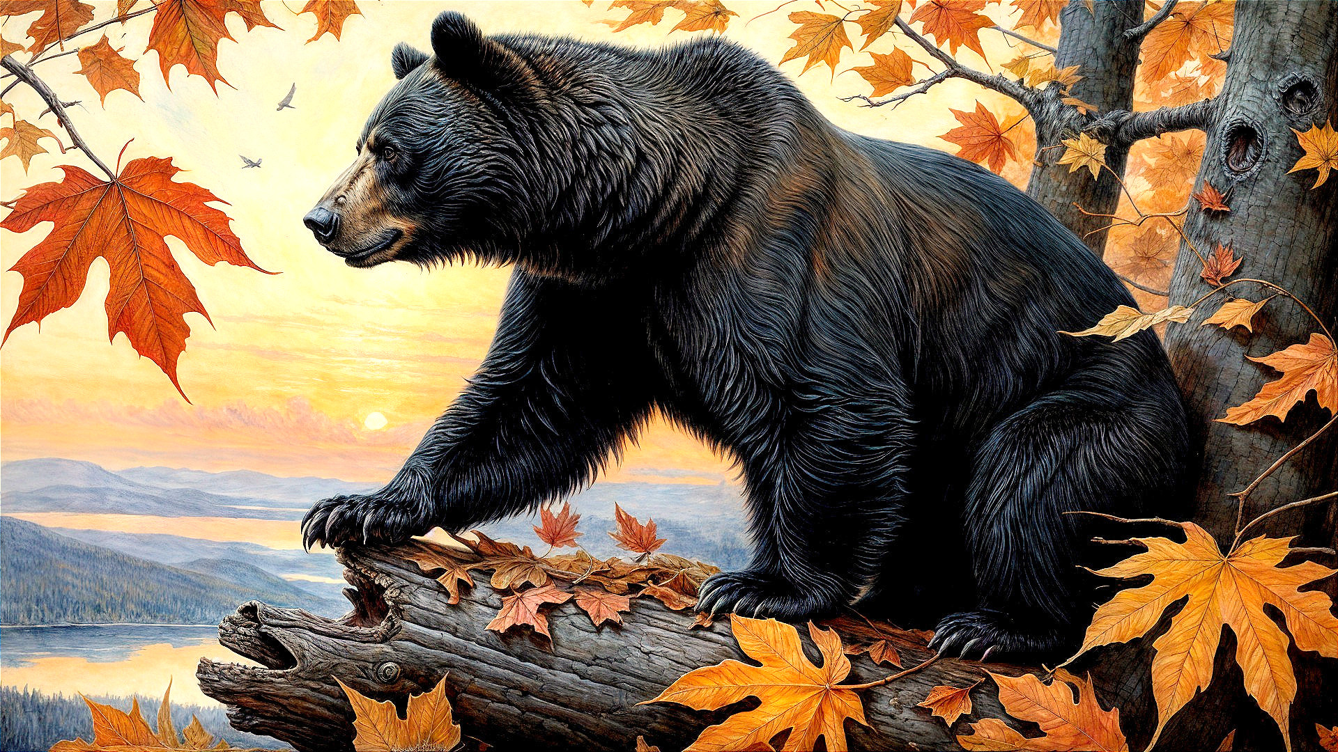 Black bear on mossy log in autumn landscape