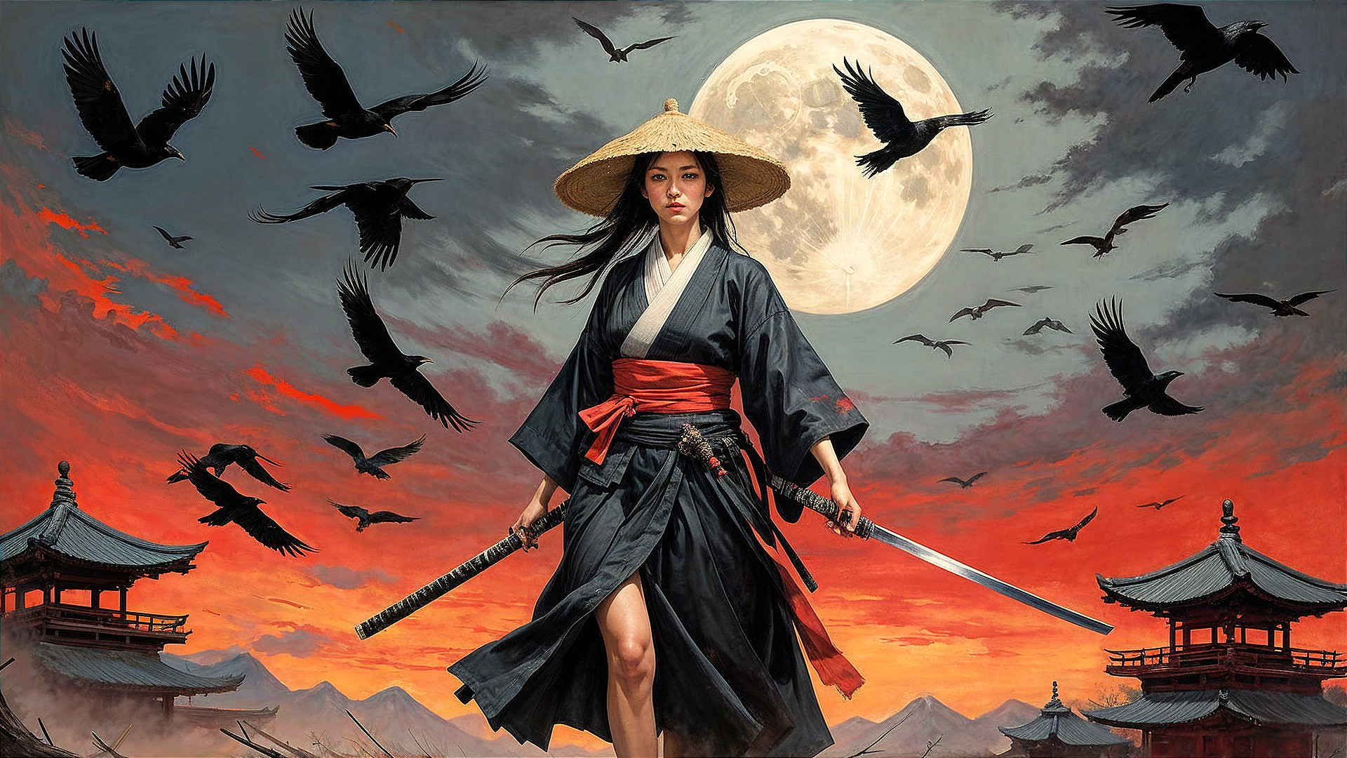 Warrior Woman in Black Attire at Sunset with Crows