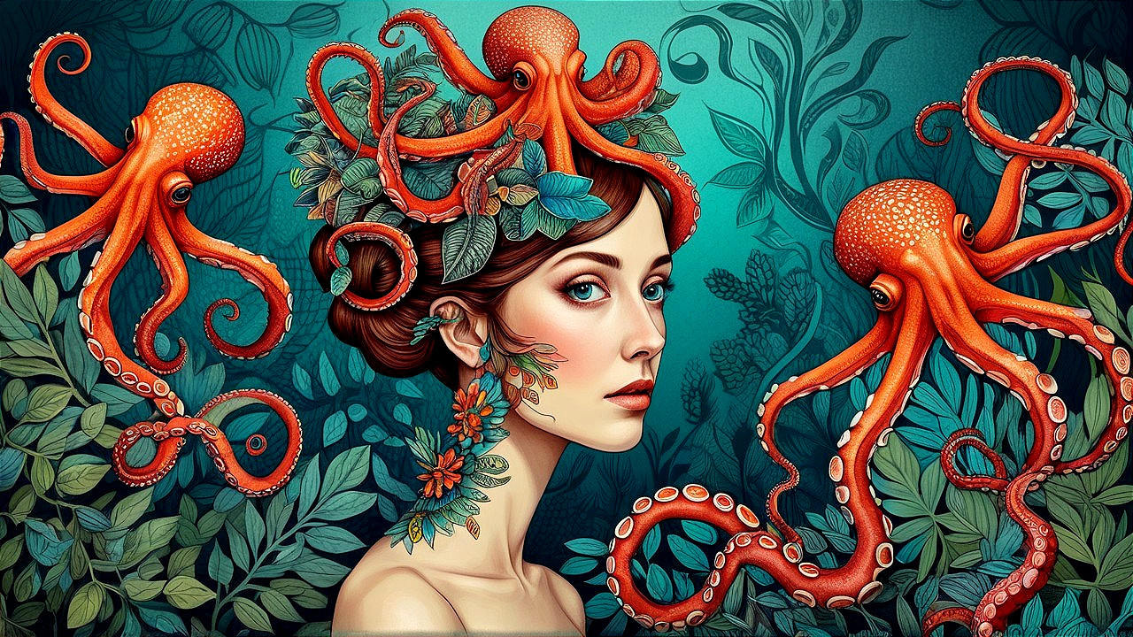 Illustration of Woman with Ocean Wave Hairstyle and Octopuses