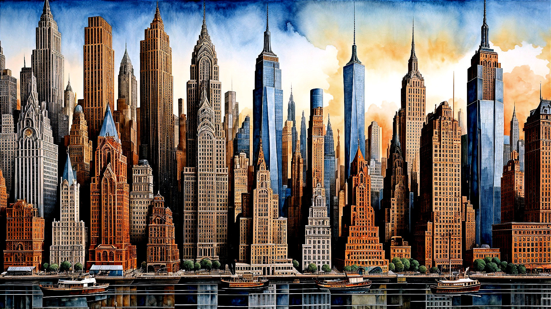 Vibrant Watercolor City Skyline with Diverse Architecture