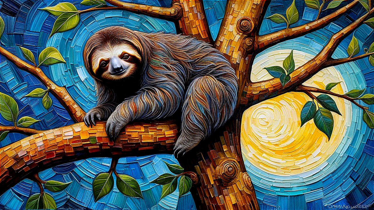 Whimsical Sloth on a Branch in Dreamy Setting