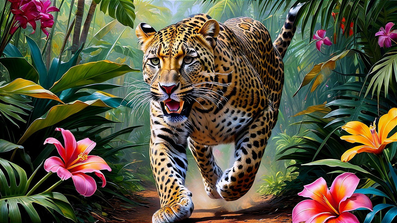 Majestic leopard in vibrant jungle setting with flora